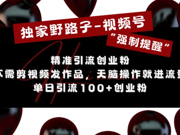 独家野路子利用视频号“强制提醒”，精准引流创业粉 不需剪视频发作品，无脑操作就进流量，单日引流100+创业粉